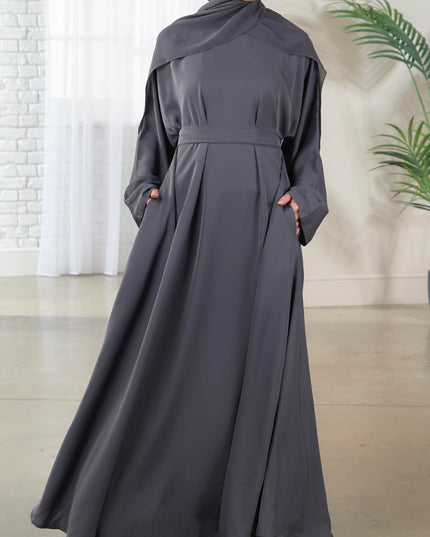 Casual Abaya with Pockets and Matching Hijab - Grey