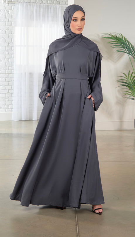Casual Abaya with Pockets and Matching Hijab - Grey