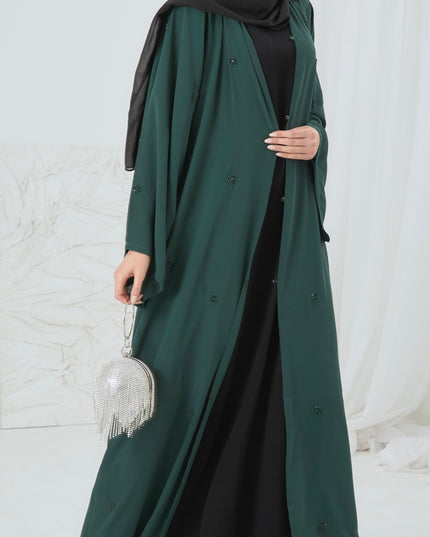 green open abaya with scattered floral embellishments