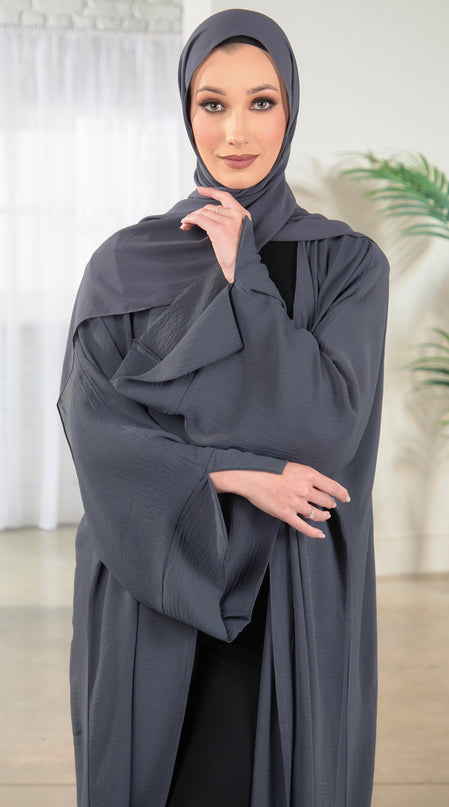 Open Abaya With Matching Hijab - Grey