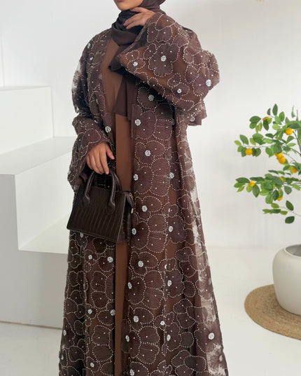 brown floral net abaya with inner slip dress