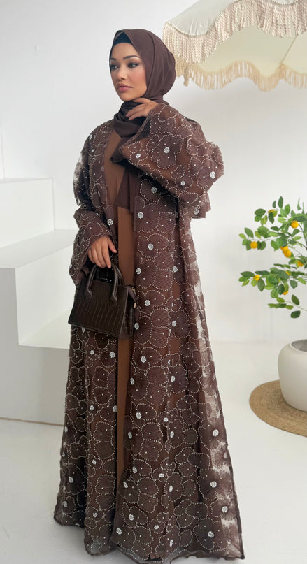 brown floral net abaya with inner slip dress