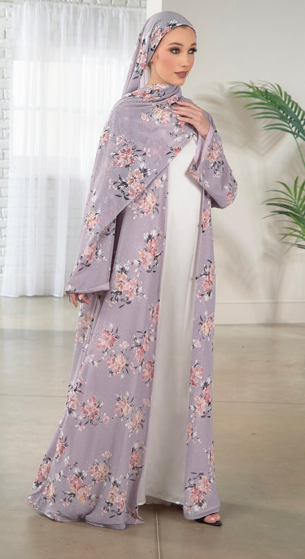 Lilac Floral Abaya With Matching Hijab