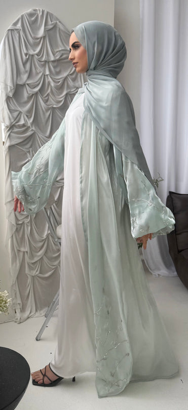 mint abaya with silver embellishments
