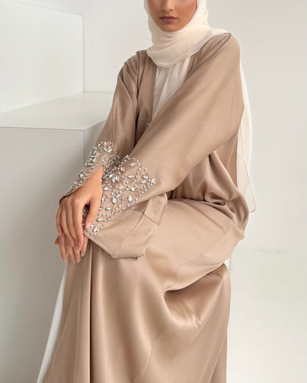 almond abaya with slitted stone embellished sleeves