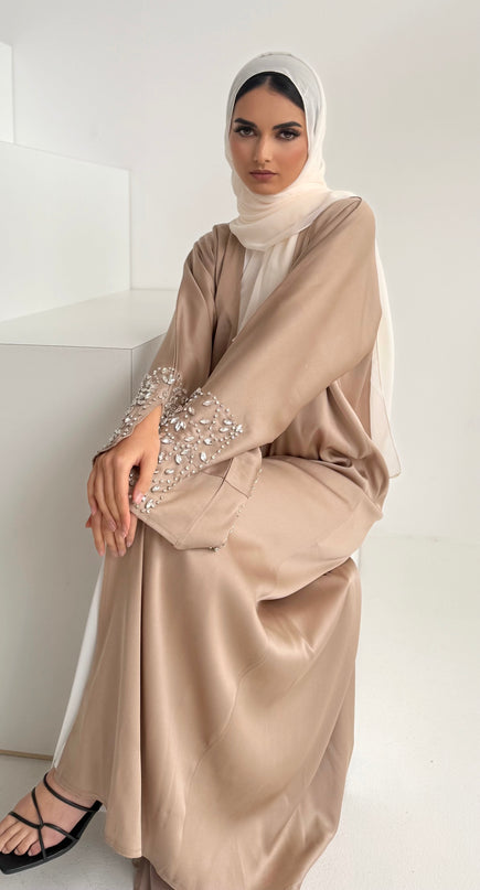 almond abaya with slitted stone embellished sleeves