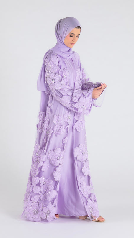 Sofina Floral Net Abaya Set (Slip Dress and Hijab included) LAVENDER - Limited Edition