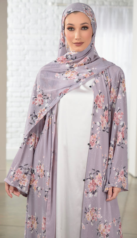 Lilac Floral Abaya With Matching Hijab