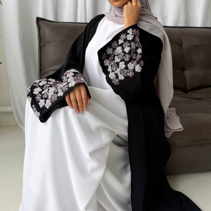 black abaya with purple/silver embellished sleeves