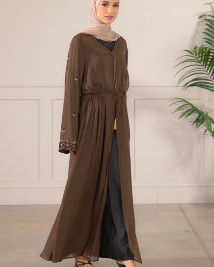 Chiffon Embellished Abaya - Coffee
