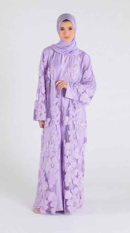 Sofina Floral Net Abaya Set (Slip Dress and Hijab included) LAVENDER - Limited Edition
