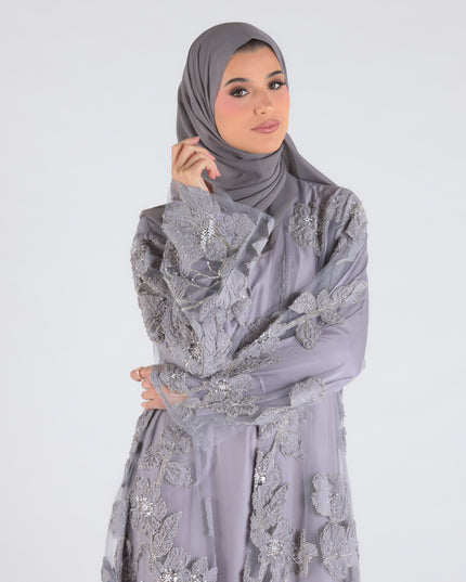 Sofina Floral Net Abaya Set (Slip Dress and Hijab included) GREY - Limited Edition