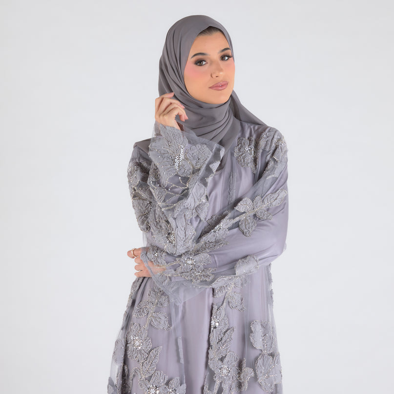 Sofina Floral Net Abaya Set (Slip Dress and Hijab included) GREY - Limited Edition