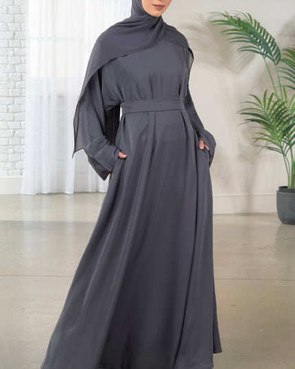 Casual Abaya with Pockets and Matching Hijab - Grey