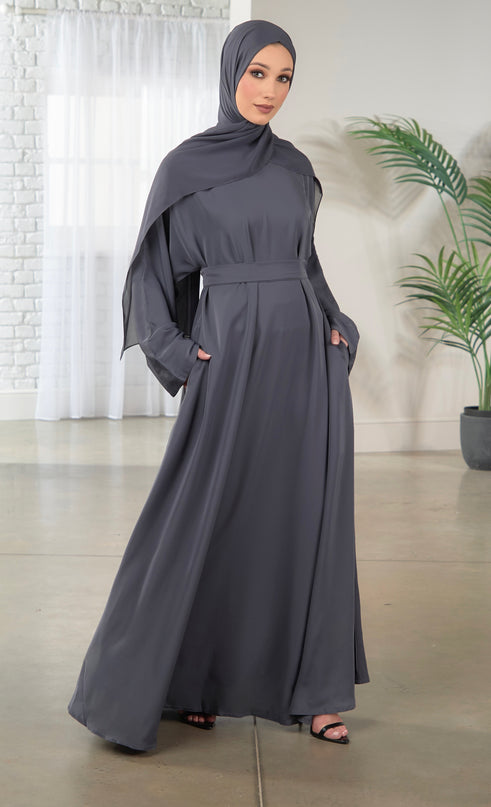 Casual Abaya with Pockets and Matching Hijab - Grey