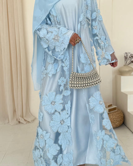 Sofina Floral Net Abaya Set (Slip Dress and Hijab included) SKY BLUE - Limited Edition