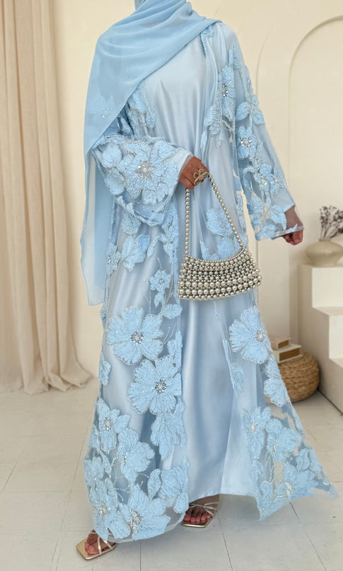Sofina Floral Net Abaya Set (Slip Dress and Hijab included) SKY BLUE - Limited Edition
