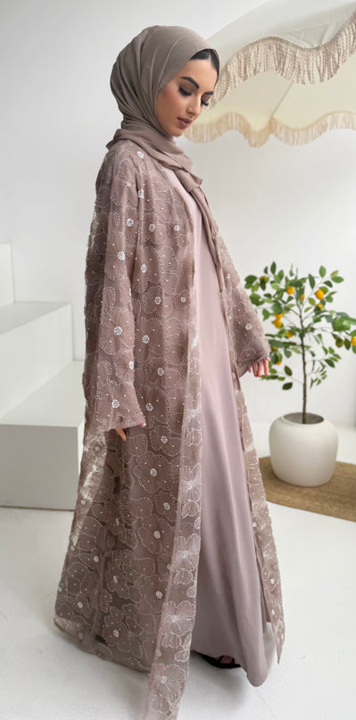 mocha floral net abaya with inner slip dress