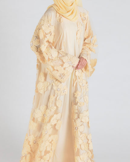 Sofina Floral Net Abaya Set (Slip Dress and Hijab included) PEACH - Limited Edition