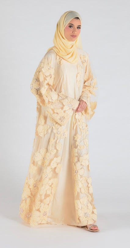 Sofina Floral Net Abaya Set (Slip Dress and Hijab included) PEACH - Limited Edition