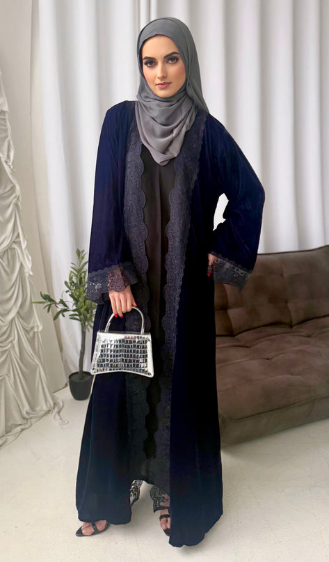 Navy Velvet Lace Abaya