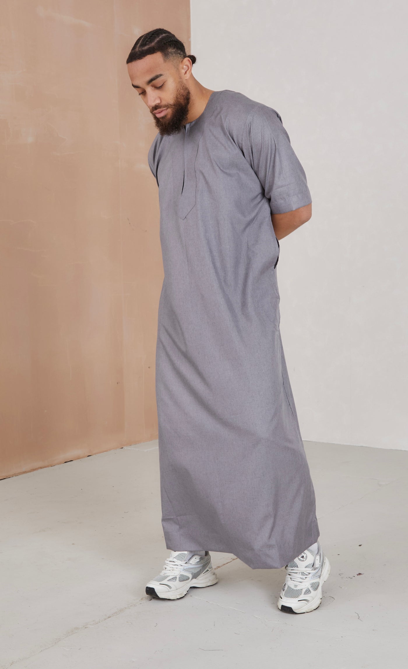 Men's Short Sleeve Linen Thobe - Grey