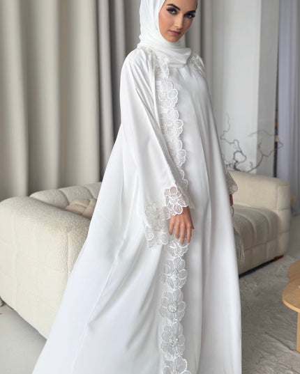 white abaya with floral lace border