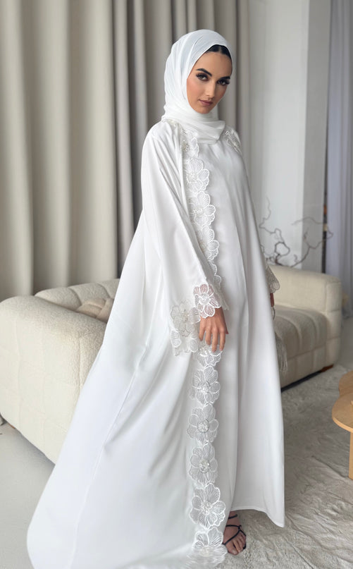 white abaya with floral lace border
