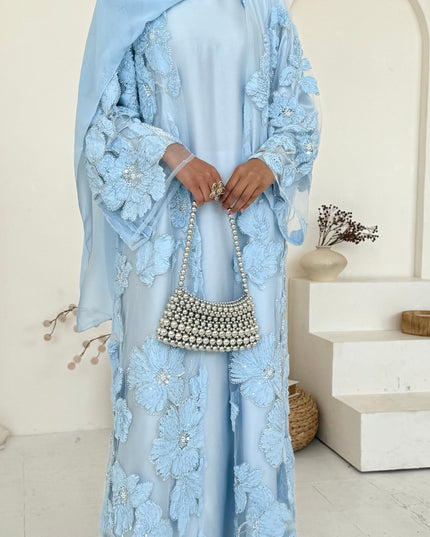 Sofina Floral Net Abaya Set (Slip Dress and Hijab included) SKY BLUE - Limited Edition