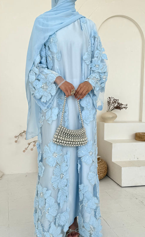 Sofina Floral Net Abaya Set (Slip Dress and Hijab included) SKY BLUE - Limited Edition