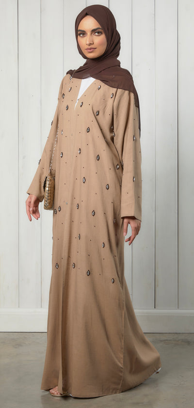 linen abaya with peardrop embellishments