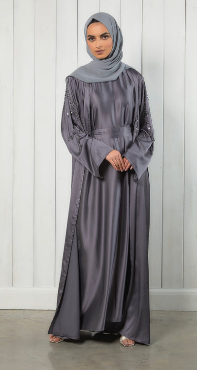 satin grey abaya with embellishments and matching slip