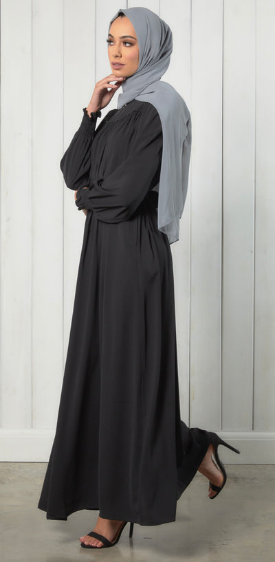 frill sleeve black modest dress