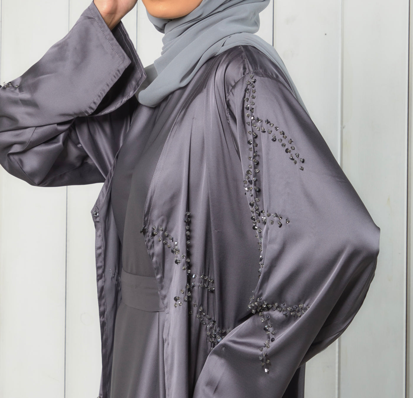satin grey abaya with embellishments and matching slip