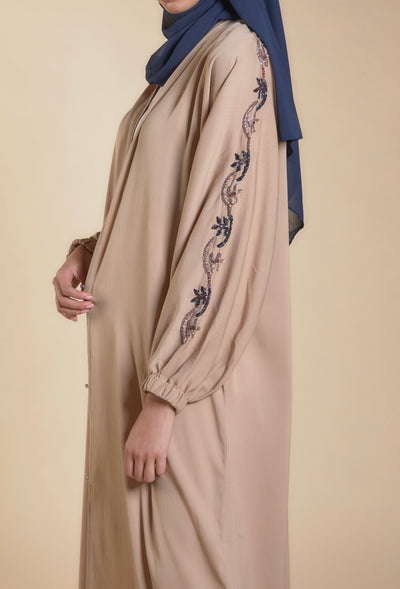 nude abaya with embellished sleeves