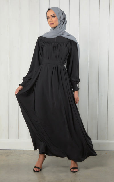 frill sleeve black modest dress