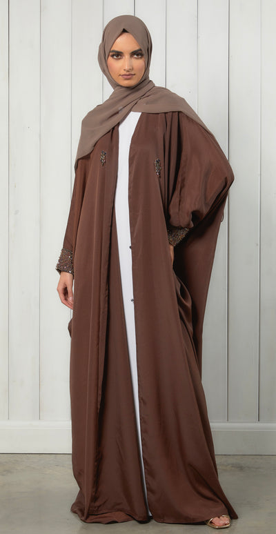 brown batwing abaya with embellished sleeves