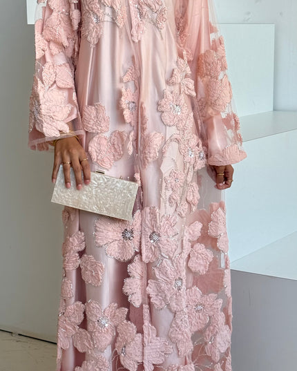 Sofina Floral Net Abaya Set (Slip Dress and Hijab included) APRICOT - Limited Edition
