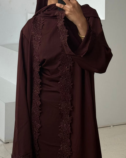 Bloom Lace Abaya Set - Chocolate