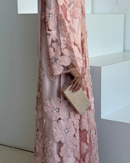 Sofina Floral Net Abaya Set (Slip Dress and Hijab included) APRICOT - Limited Edition