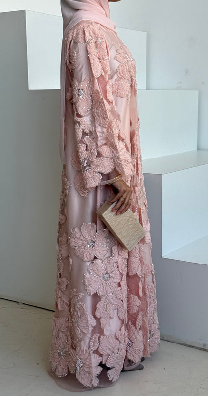 Sofina Floral Net Abaya Set (Slip Dress and Hijab included) APRICOT - Limited Edition