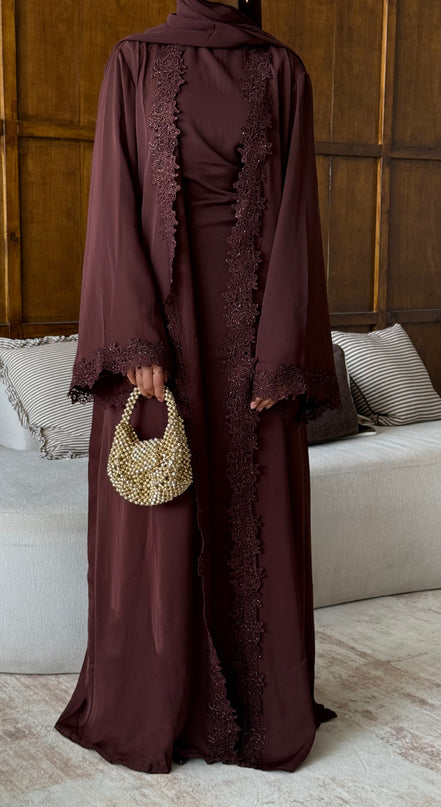 Bloom Lace Abaya Set - Chocolate