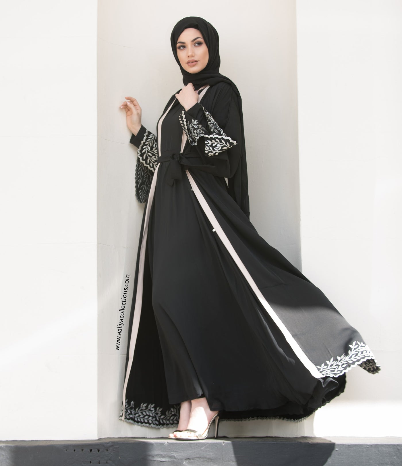 Aaliya Collections akila abaya in black with leaf embroidery on hem and sleeves
