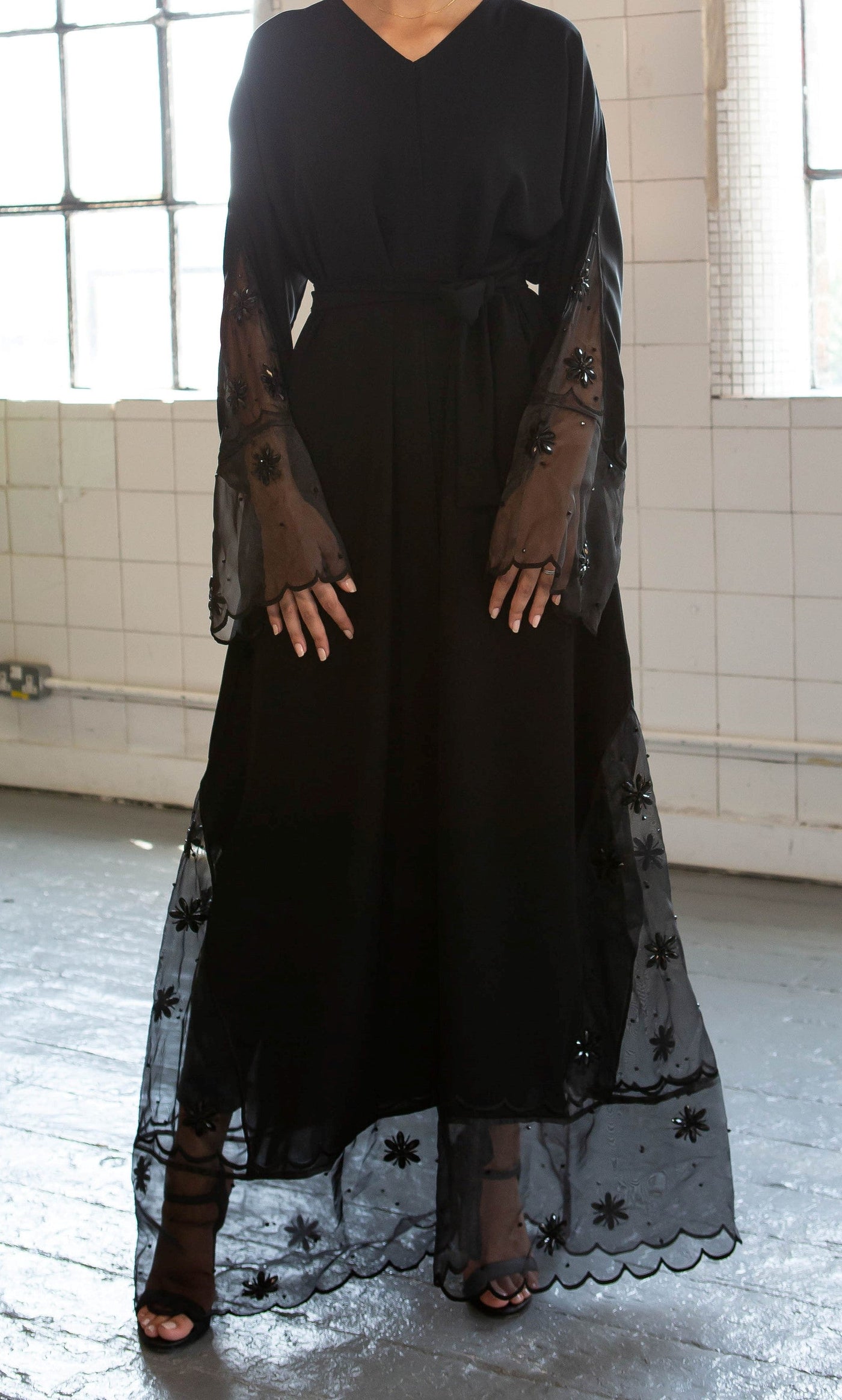 Aaliya Collections Net Embellished Abaya with net hemming