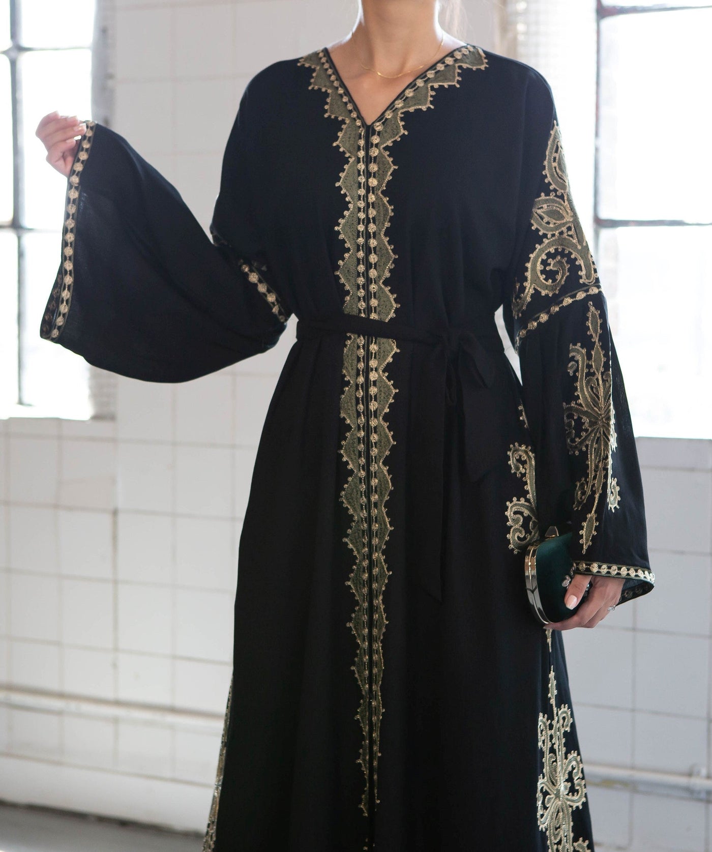 Aaliya Collections Sehrish Embroidered Abaya of rich linen fabrich with stunning green embroidery