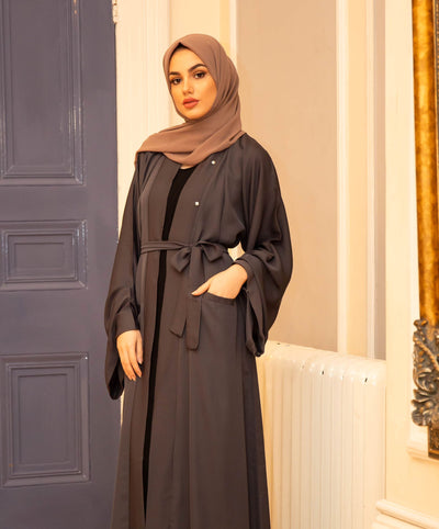 Aaliya Collections Plain Grey Pocket Open Abaya A Plain grey open abaya of high quality nidha fabric