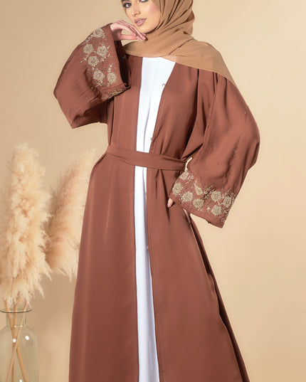 brown abaya with gold embellished sleeves