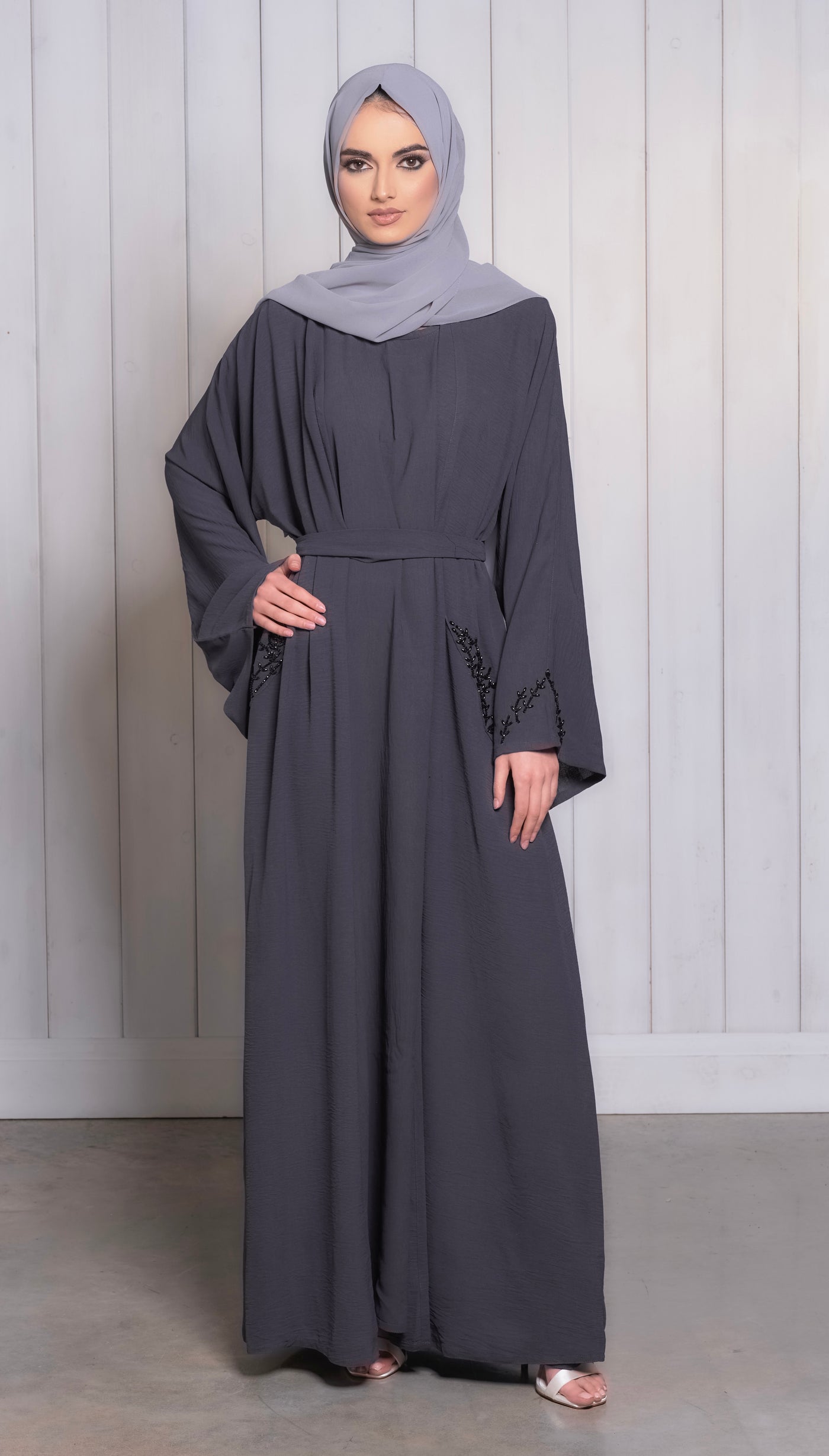 two piece grey occasion abaya