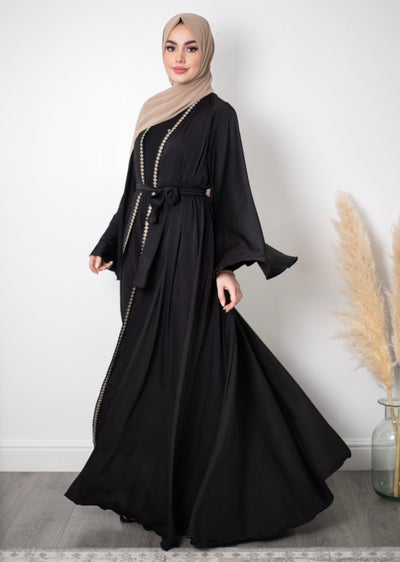 Aaliya Collections Bisht Abaya perfect for occasion wear, with beautiful embroidery bordering and flared sleeves