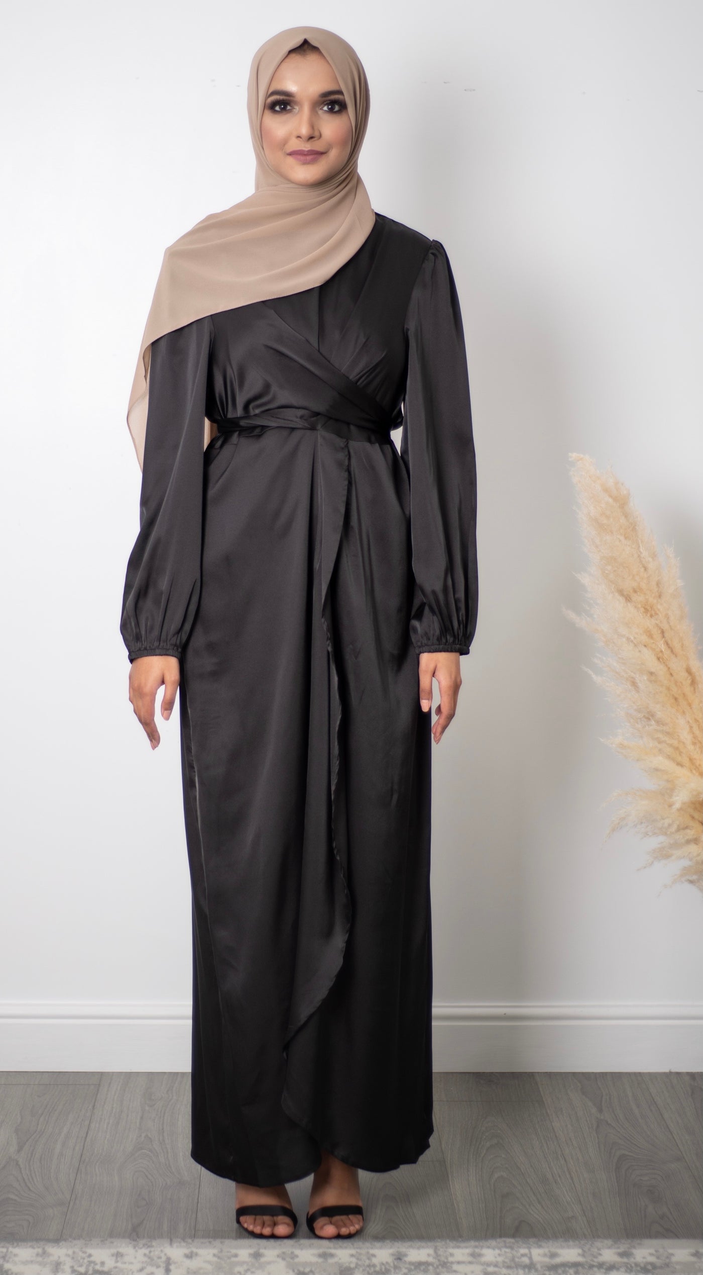 Aaliya Collections Satin Wrap Dress - Black